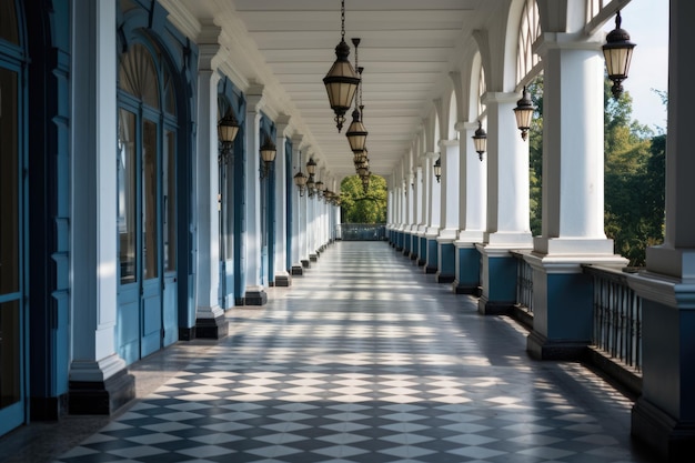 Outdoor hallway of a historic building with outstanding architecture