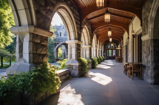 Outdoor hallway of a historic building with outstanding architecture