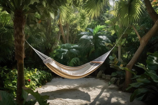 Outdoor hammock and swing surrounded by lush greenery