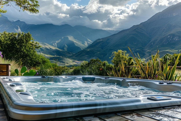 Горячая ванна на открытом воздухе с видом на величественный горный хребет