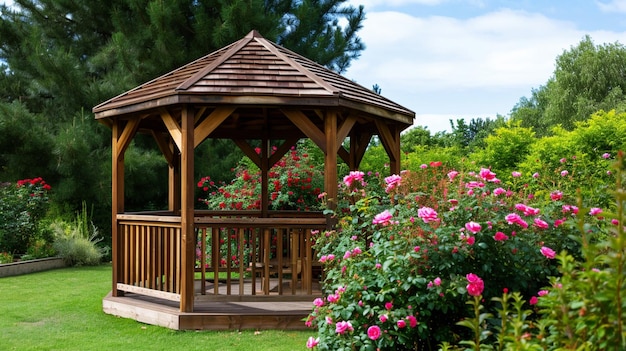 Outdoor houten gazebo met rozen en zomerlandschap achtergrond Generatieve Ai