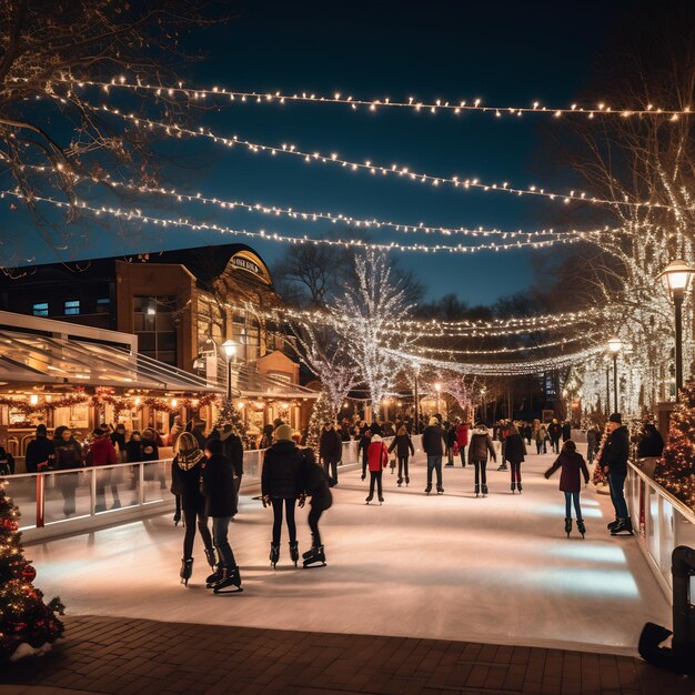 An outdoor ice rink filled with people skating surrounded by holiday lights portraying the lively