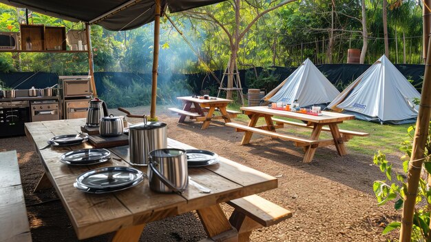Foto attrezzature da cucina all'aperto e set di tavolo in legno con gruppo di tende da campo nell'area del campeggio a natural