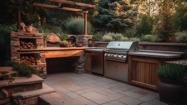 Outdoor kitchen with beautiful cooking grill with burning fire Generative AI