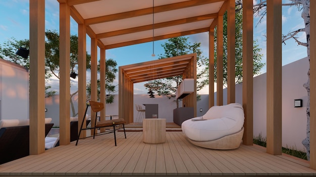 outdoor living room on the wooden gazebo 3d illustration