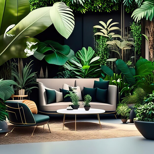Жилая комната на открытом воздухе с тропическими растениями и современной мебелью Генеративный ИИ