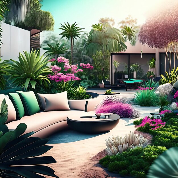 열대 식물과 현대 가구와 함께 야외 거실 젠 공간