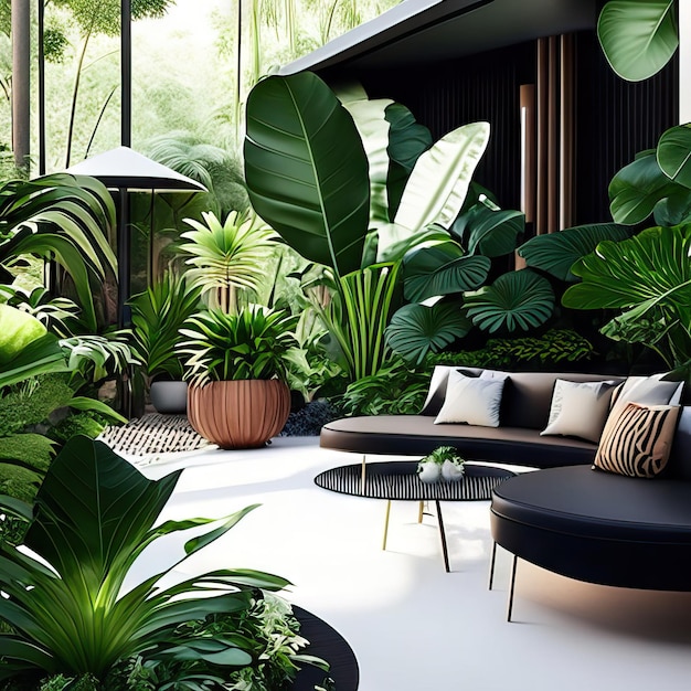 Outdoor living room zen space with tropical plants and modern furniture generative ai