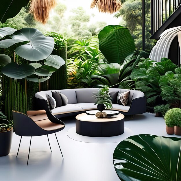 Premium AI Image Outdoor living room zen space with tropical plants