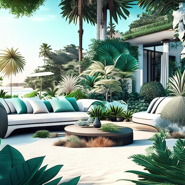 Outdoor living room zen space with tropical plants and modern furniture generative ai