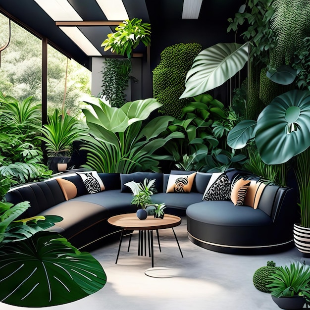 Outdoor living room zen space with tropical plants and modern furniture generative ai