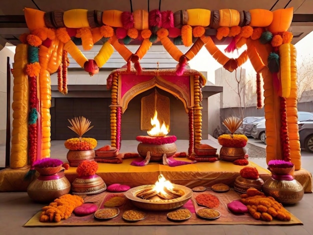 Outdoor Lohri celebrate with vibrant decorations