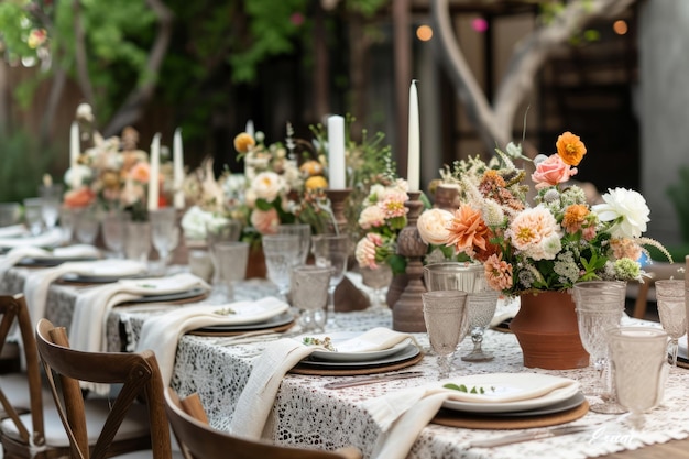 Foto impostazione del tavolo da pranzo all'aperto con fiori impostazione del tavolo romantica con piatti di tovaglia bicchieri di cristallo bellissimi bouquet ia generativa