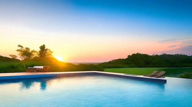 Foto piscina all'aperto di lusso al tramonto nuoto estate g sfondo ai generato