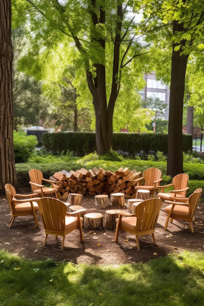 Outdoor meeting setup with chairs in a circle and snacks created with generative ai