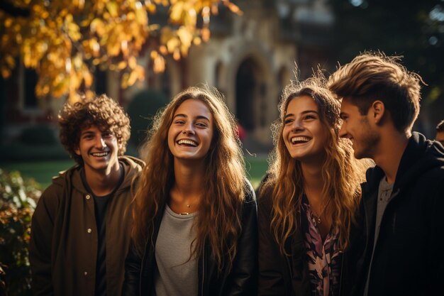 Outdoor modern happy students on the territory of the university campus