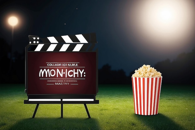 Photo outdoor movie night film selection signage mockup with blank white empty space for placing your design