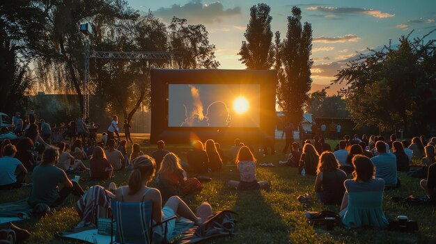 公園での屋外映画の夜毛布や芝生の椅子に座っている人々の群衆の前に大きな膨らませられるスクリーンが設置されています