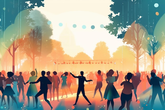 Летний музыкальный фестиваль под открытым небом, на котором люди танцуют и наслаждаются живыми выступлениями
