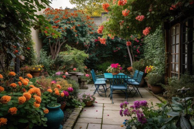 An outdoor patio surrounded by lush foliage and colorful blooms