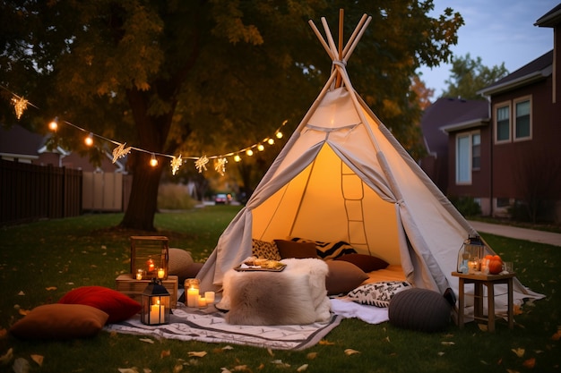 Outdoor patio tent kamp versierd voor nacht feest viering Generatieve AI