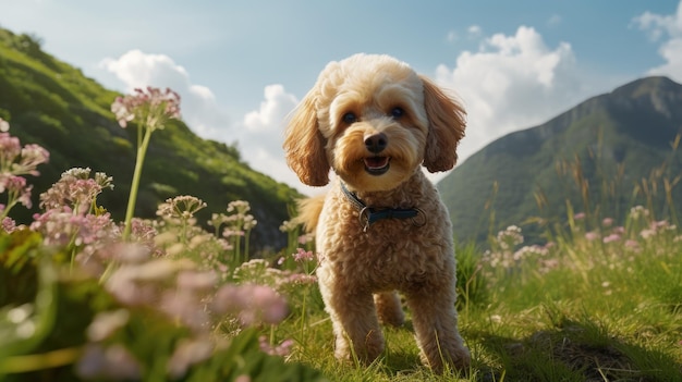 outdoor pet adventures with an intrigued poodle on a vibrant green landscape