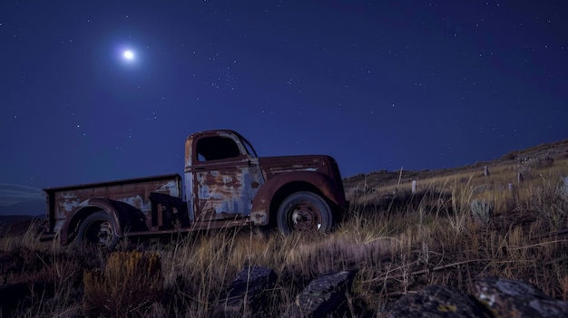 Outdoor photo of old abandoned rusted broken down dodge truck in a dark cemetary on a hillside in the moonlight