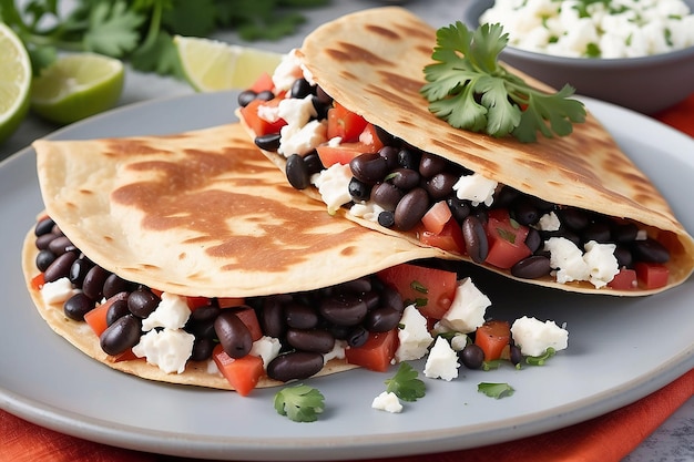 Outdoor photo of quesdadilla with black beans crumbled feta cheese diced onion diced tomato and cilantro