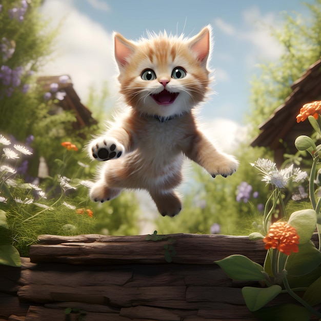 Outdoor photo of smiling tabby kitten flying towards us with arms outstretched centered