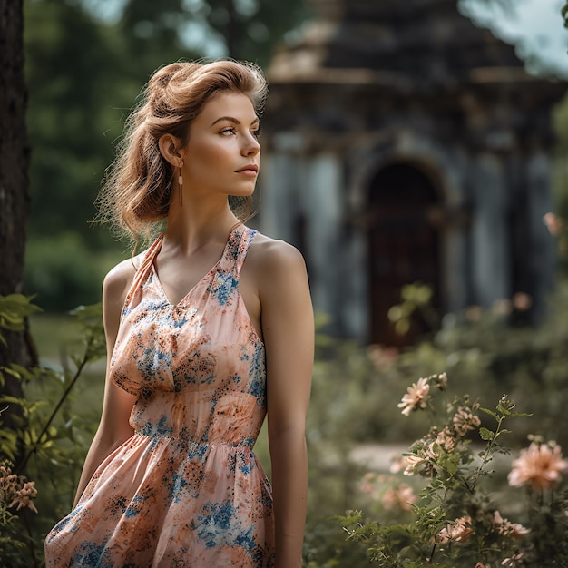 Outdoor photoshoot featuring female model wearing elegant summer dress Generative Ai