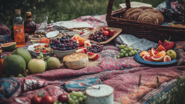 Пикник на свежем воздухе и отдых с едой и фруктами, созданными искусственным интеллектом