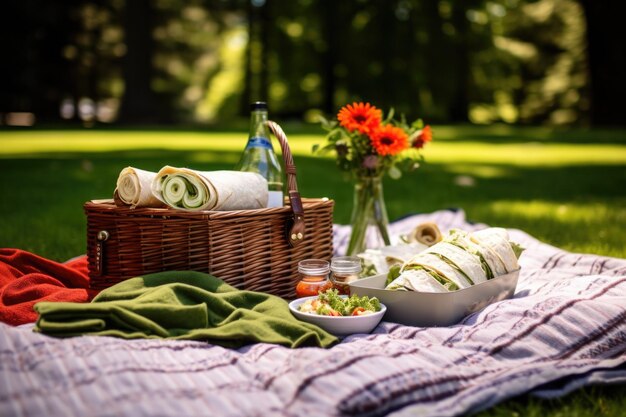 Foto picnic all'aperto con un cesto pieno di burritos