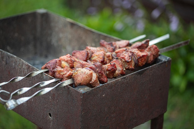 Outdoor picnic with grilling fresh meat shish kebab shashlik