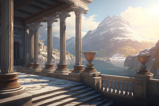 outdoor pier on facade overlooking valley of mountains in the style of unreal engine 5