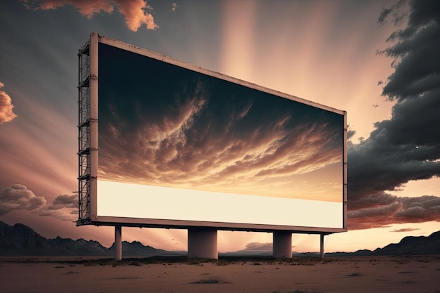 Outdoor pole billboard with mock up white screen on amazing sky background Generative AI