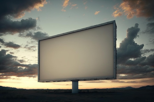 놀라운 하늘 배경에 흰색 화면을 모의로 만든 야외 기둥 광고판 Generative AI