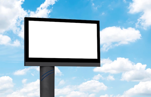 Outdoor pole billboard with mock up white screen with blue sky background clipping path for Mockup