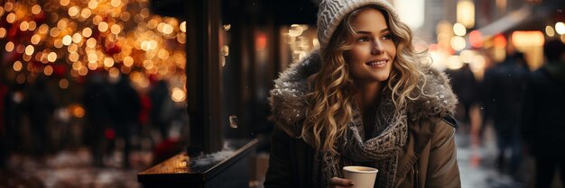 街路のクリスマス休暇でコーヒーを飲む美しい笑顔の若い女性の屋外の肖像画