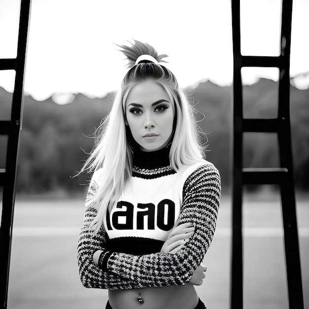 Outdoor portrait of beautiful young woman posing in black and white