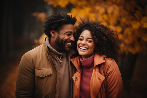 アフリカ系アメリカ人の黒人夫婦が抱きしめ合っている屋外の肖像画