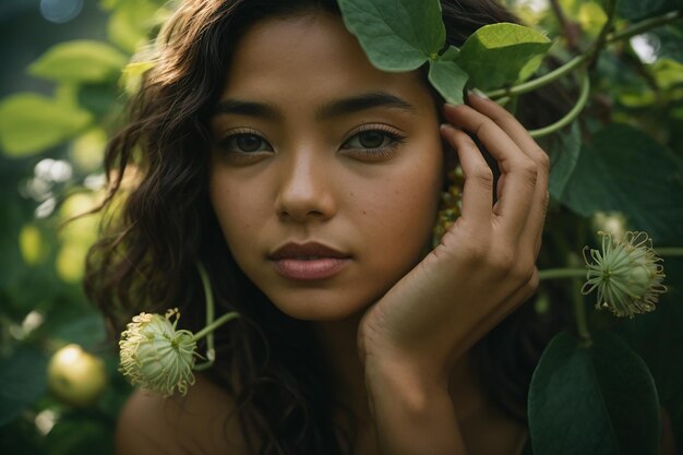 outdoor portrait of charming mysterious girl in her twenties relaxing among green fresh plants while spending vacations on tropical island walking in jungle studying local flora and fauna