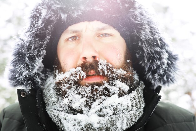 Outdoor portrait of handsome man in coat and scurf. Bearded man in the winter woods.