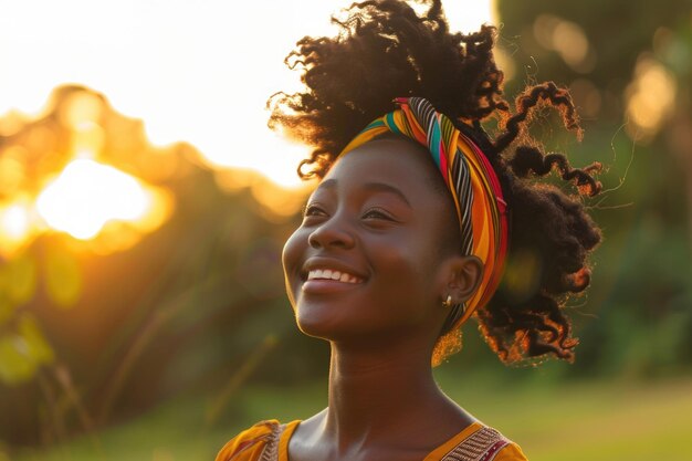 Outdoor portrait of smiling African American woman at sunset park
