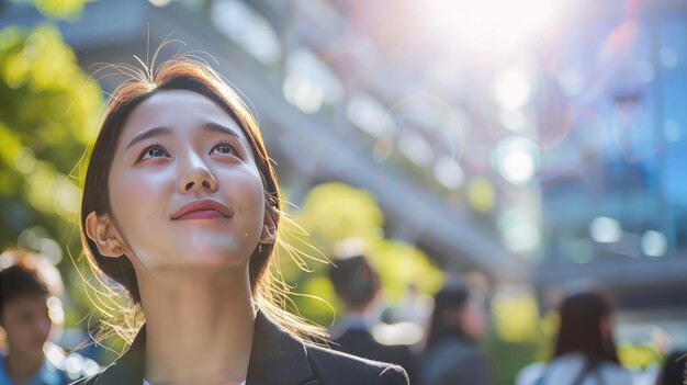 写真 明るい太陽の背景の屋外の肖像画