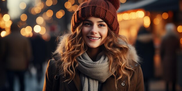 Foto ritratto all'aperto di una giovane ragazza bella e sorridente in una strada di una città europea per le vacanze di natale