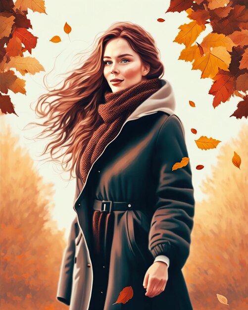 Outdoor portraits of models dressed in autumn clothing with fallen leaves as a background