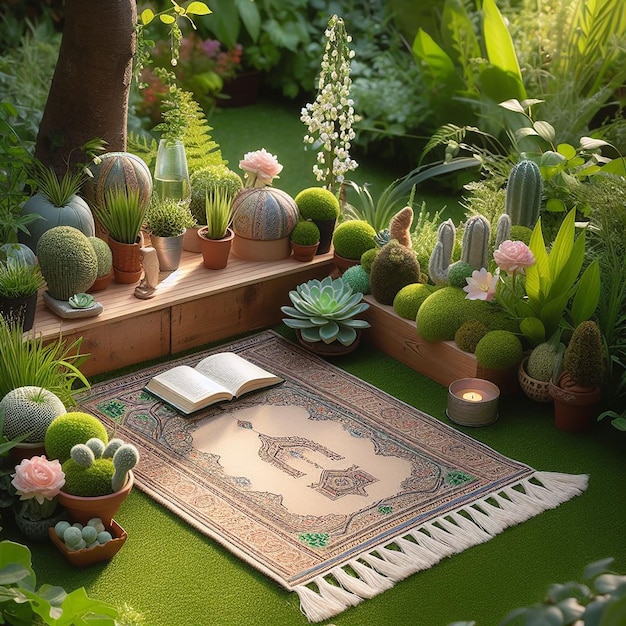 Outdoor Prayer Space with Prayer Mat on Grass Surrounded by Nature