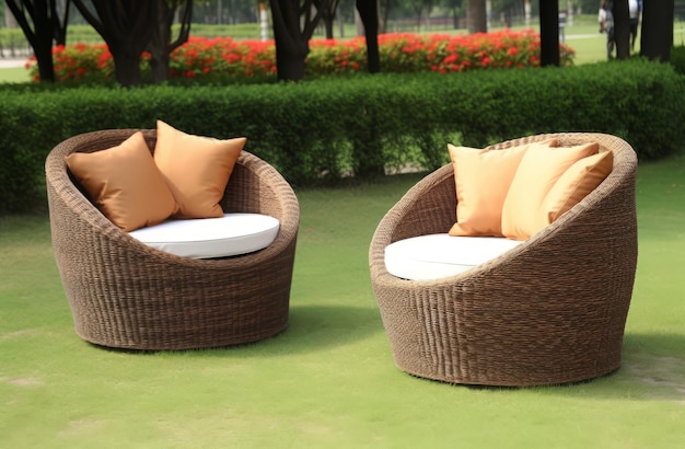Outdoor rattan chairs patio Wooden seat Generate Ai