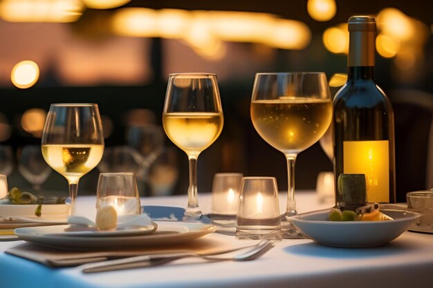 사진 와인 과 황금빛 이 있는 야외 레스토랑 테이블