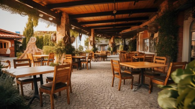 Outdoor restaurant zone in wooden style and concrete floor decorated with plants Generative AI AIG27